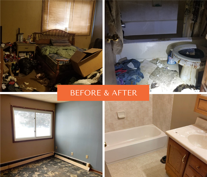 before and after photos of a bedroom and bathroom  that suffered from hoarding